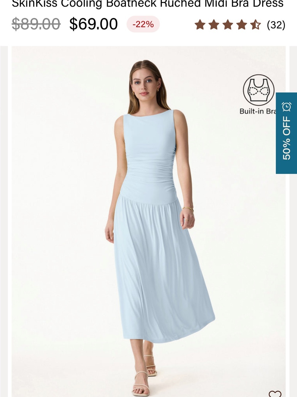 Cooling Boatneck Ruched Midi Bra Dress - Light Blue